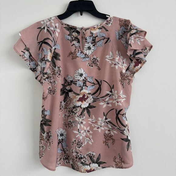 Shein Women Floral Pink With Ruffle Sleeves & Keyhole Neck Blouse Size M - Picture 2 of 7